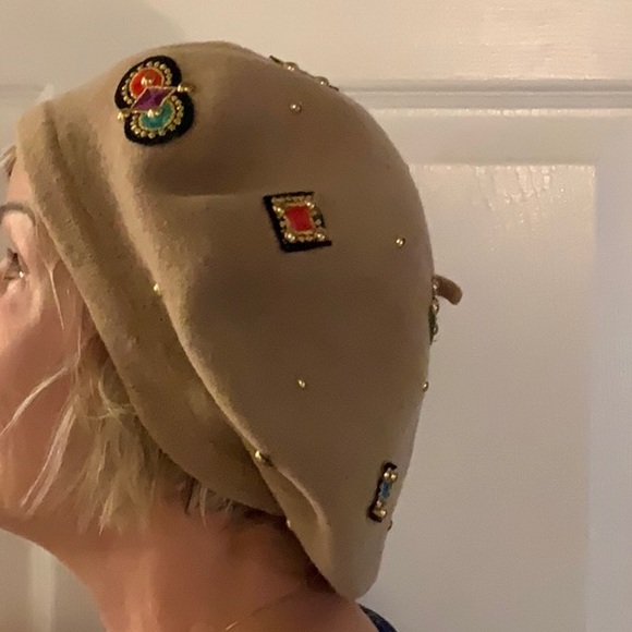 FINESSE ladies tan wool hat with beaded embellishments. - Picture 4 of 5